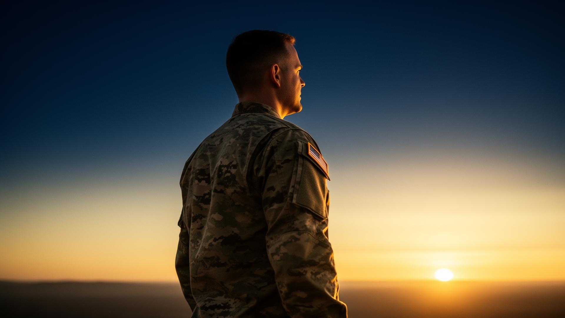 A veteran looking out across the horizon at sunrise