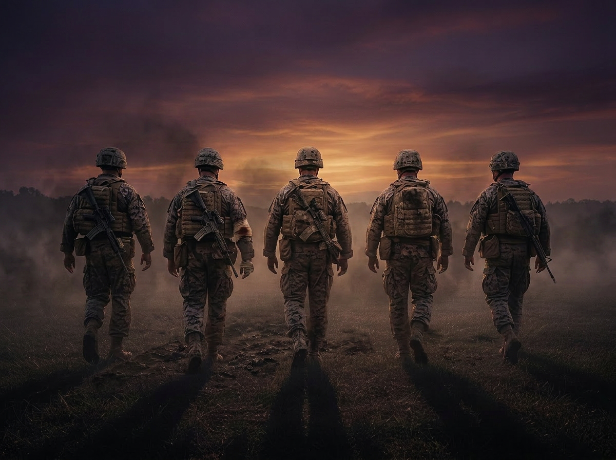 Battle-worn USMC squad silhouettes walking together at dusk